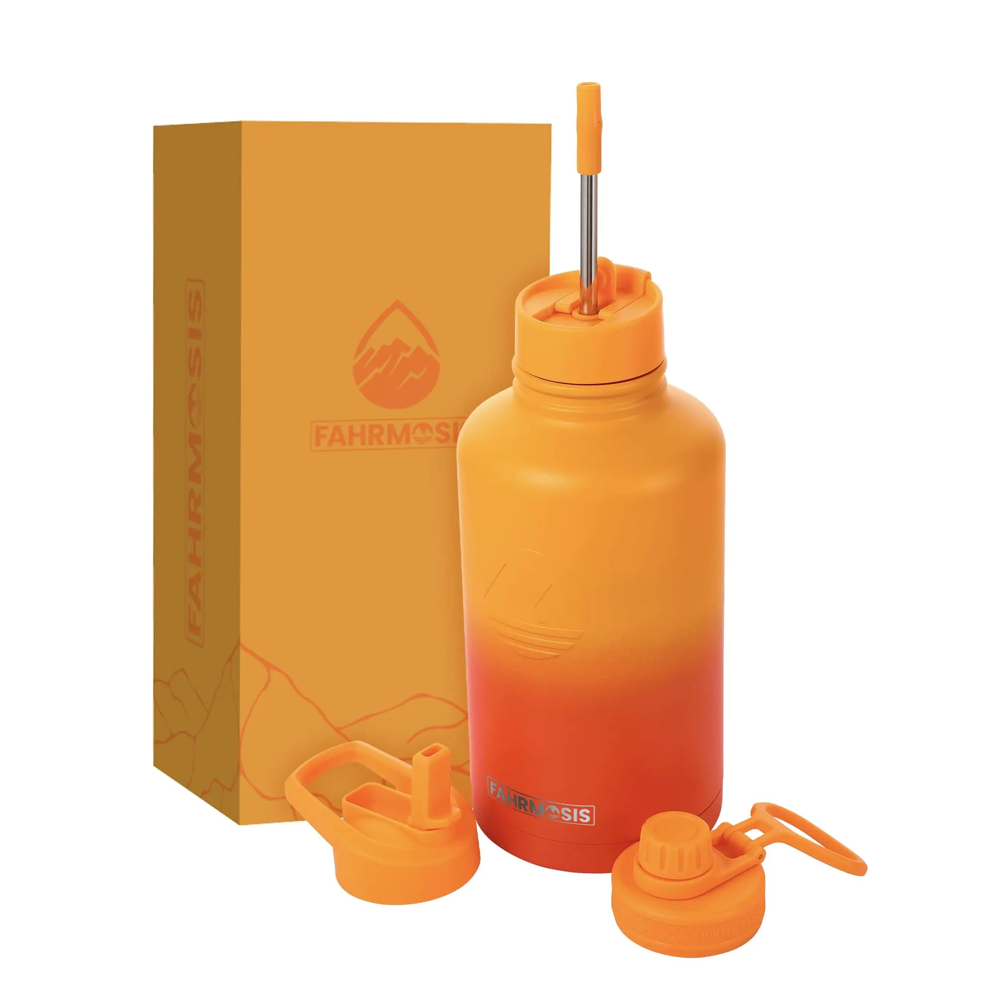 FAHRMOSIS 64 OZ Water Bottle with Straw | Insulated Water Bottle Water Jug Includes 3 Lids Water Bottles | Stainless Steel Water Bottle for Men & Women - Orange Fusion